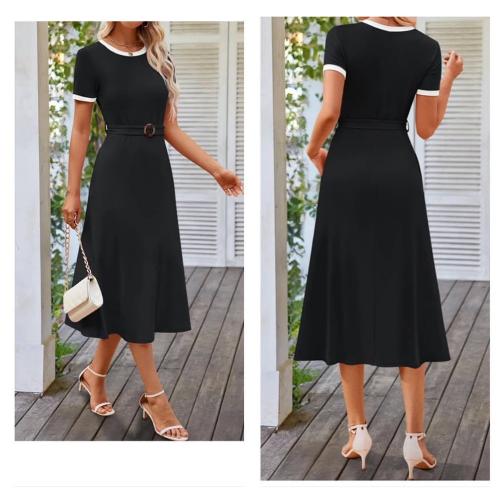 Short Sleeve Crewneck Color Block Belted Casual A Line Swing Dress with Pockets